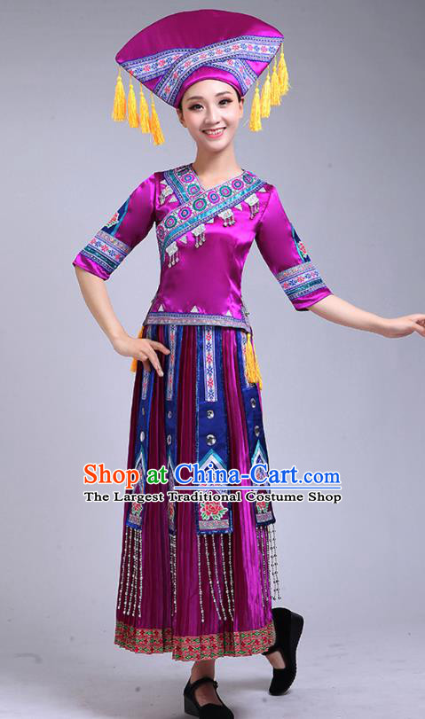 China Guangxi Ethnic Dance Outfits Minority Performance Purple Dress Zhuang Nationality Clothing