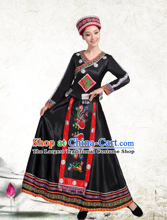 China Yao Minority Woman Black Dress Yi Nationality Folk Dance Clothing Yunnan Ethnic Performance Outfits