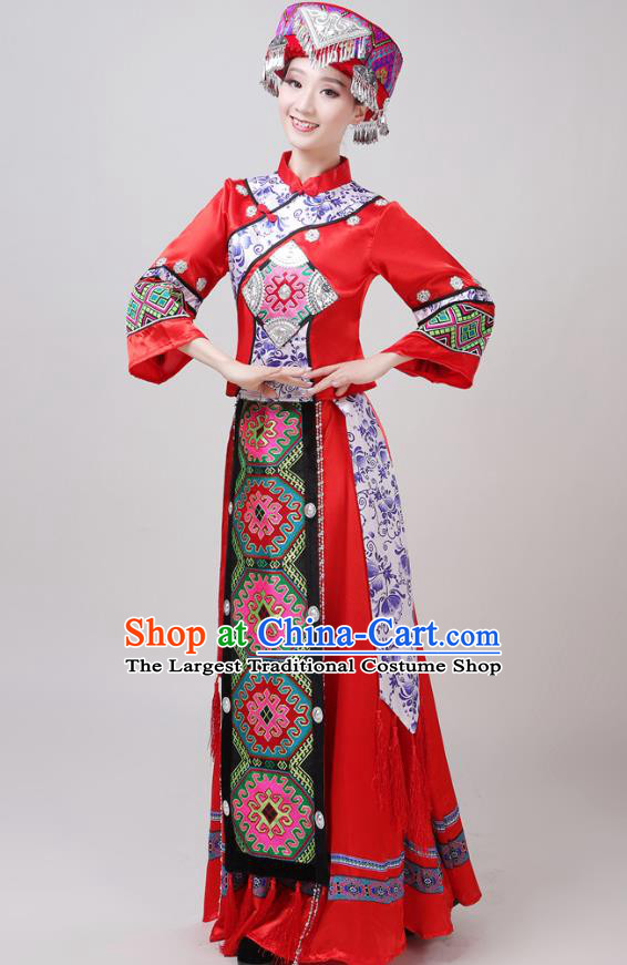 China Yunnan Ethnic Performance Outfits Yao Minority Woman Red Dress Tujia Nationality Folk Dance Clothing