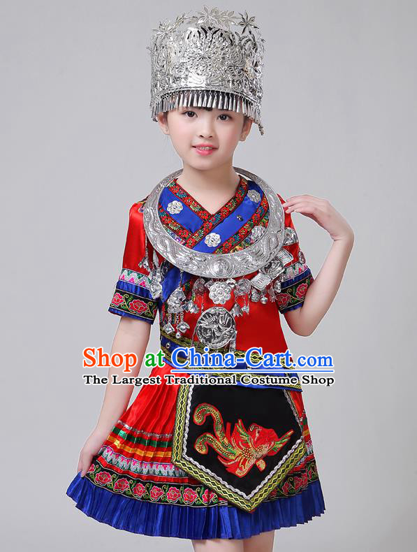 Chinese Yi Nationality Girl Festival Costumes Tujia Ethnic Stage Performance Red Short Dress Outfits