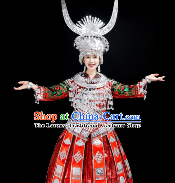 China Hmong Ethnic Bride Red Dress Stage Performance Clothing Miao Nationality Wedding Costumes and Hair Jewelry