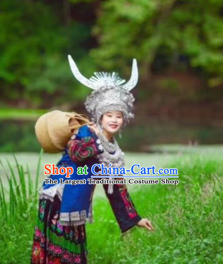 China Miao Nationality Country Woman Clothing Xiangxi Minority Blue Outfits Ethnic Folk Dance Dress and Headwear