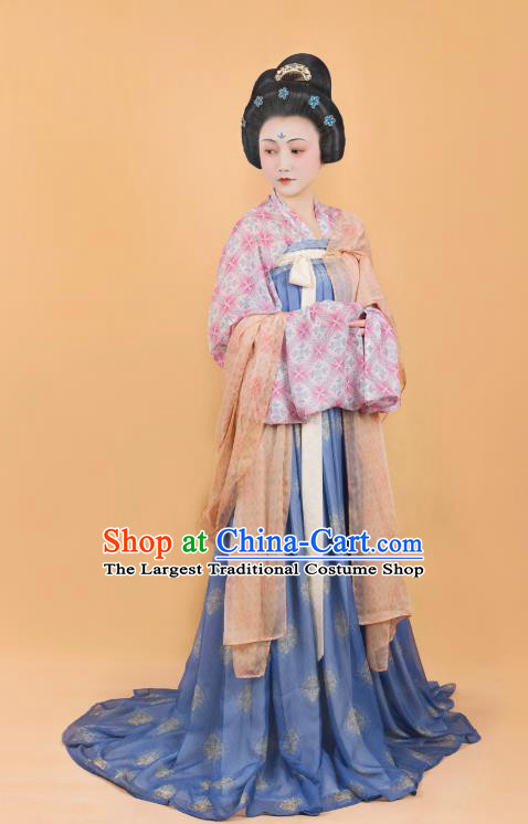 China Traditional Ancient Noble Lady Blue Hanfu Dress Tang Dynasty Royal Princess Historical Costumes