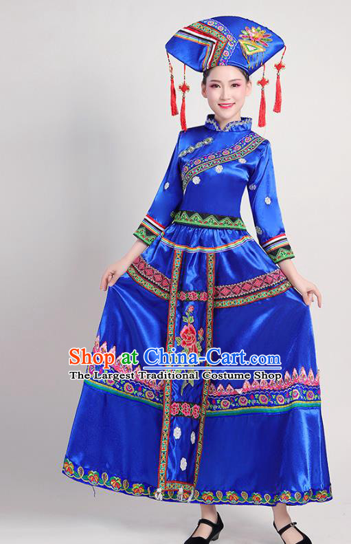 China Zhuang Nationality Female Clothing Guangxi Ethnic Performance Royalblue Outfits Minority Folk Dance Dress and Headdress