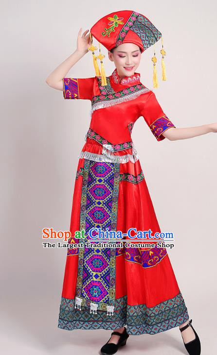 China Guangxi Ethnic Performance Red Outfits Tujia Minority Folk Dance Dress Zhuang Nationality Female Clothing and Headwear