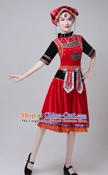 China Traditional Yi Minority Ethnic Torch Festival Red Short Dress Outfits Zhuang Nationality Folk Dance Costumes