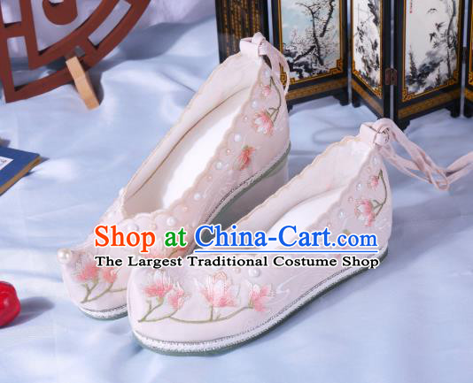 China Ancient Beige Cloth Shoes Traditional Hanfu Pearls Shoes Ming Dynasty Princess Bow Shoes Embroidered Mangnolia Shoes