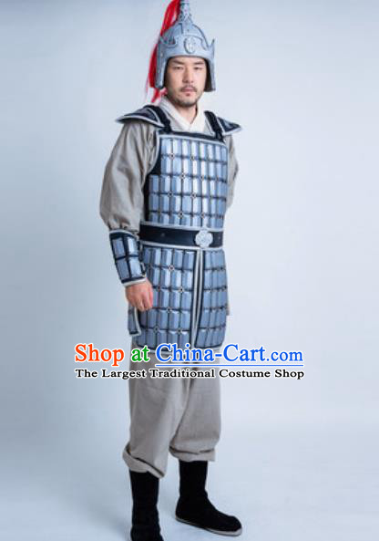 China Ancient Warrior Armor Clothing and Hat Traditional Han Dynasty Soldier Garment Costumes