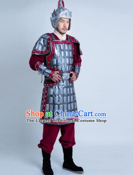 China Traditional Tang Dynasty Warrior Garment Costumes Ancient General Argent Armor Clothing and Helmet