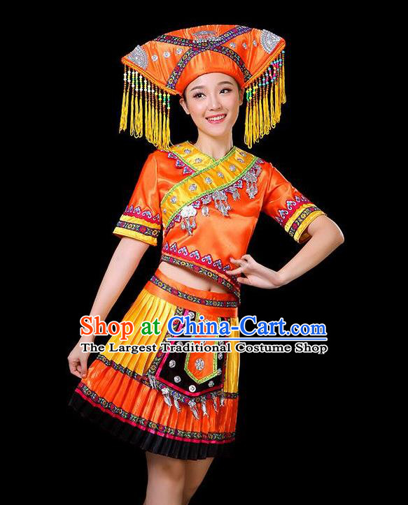 Chinese Guangxi Ethnic Garment Zhuang Nationality Folk Dance Short Dress Minority Performance Orange Outfits Clothing