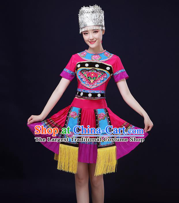 Chinese Yi Minority Performance Rosy Outfits Clothing Miao Ethnic Garment Hmong Nationality Folk Dance Short Dress