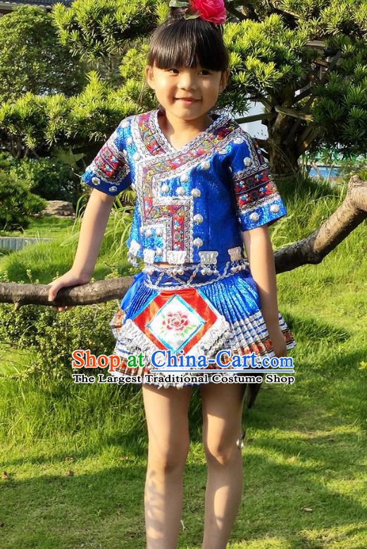 Chinese Xiangxi Ethnic Garment Costumes Traditional Miao Nationality Girls Blue Outfits Clothing