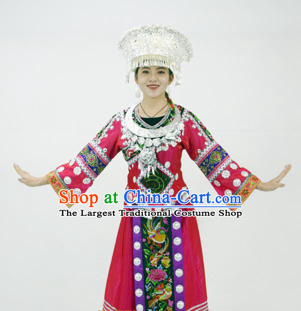 Chinese Hmong Minority Ethnic Rosy Dress Outfits Miao Nationality Folk Dance Garment Clothing and Headwear