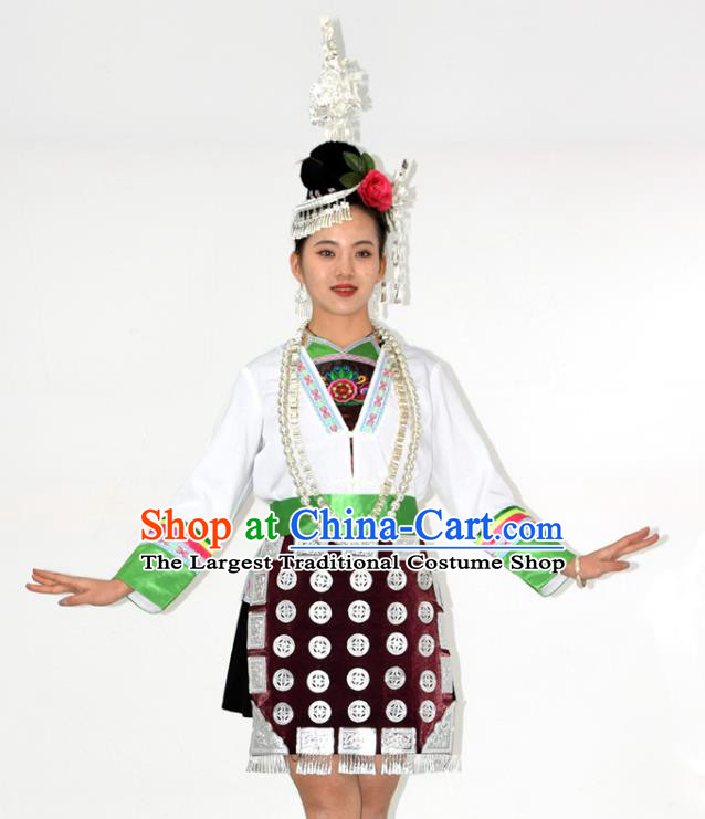 Chinese Tujia Nationality Performance Garment Clothing Dong Minority Ethnic Folk Dance Short Dress Outfits and Headdress