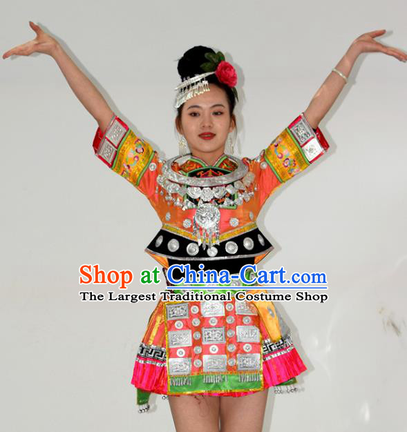 Chinese Yi Minority Dance Short Dress Outfits Ethnic Garment Miao Nationality Stage Performance Clothing and Headpieces