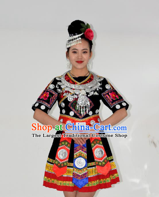 Chinese Ethnic Woman Garment Outfits Miao Nationality Folk Dance Clothing Yi Minority Performance Black Short Dress and Hair Jewelry