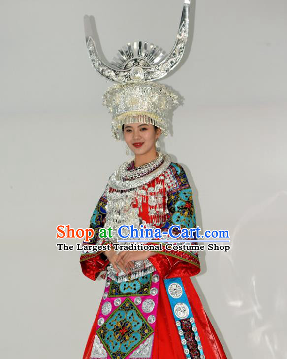 Chinese Ethnic Wedding Garment Outfits Miao Nationality Festival Clothing Hmong Minority Bride Red Dress and Silver Headdress