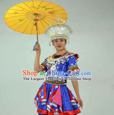 Chinese Ethnic Festival Garment Outfits Miao Nationality Clothing Hmong Minority Folk Dance Royalblue Dress and Headdress