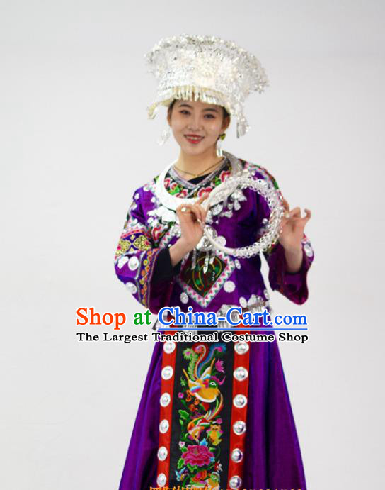 Chinese Ethnic Festival Garment Outfits Miao Nationality Clothing Hmong Minority Folk Dance Purple Dress and Silver Jewelry