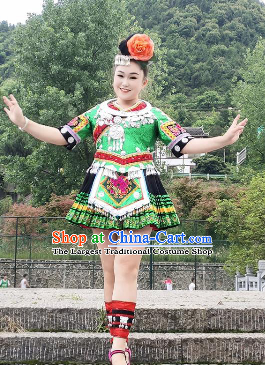 Chinese Miao Nationality Performance Clothing Xiangxi Minority Green Short Dress Ethnic Folk Dance Garment Outfits