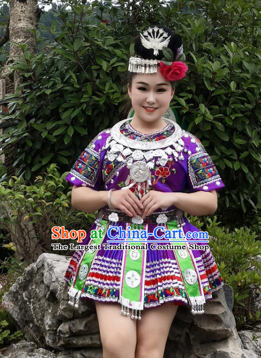 Chinese Hmong Minority Purple Short Dress Ethnic Folk Dance Garment Outfits Miao Nationality Performance Clothing