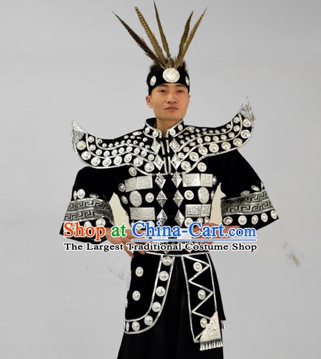 China Traditional Hmong Ethnic Male Festival Clothing Miao Nationality Stage Performance Garment Costume and Headwear