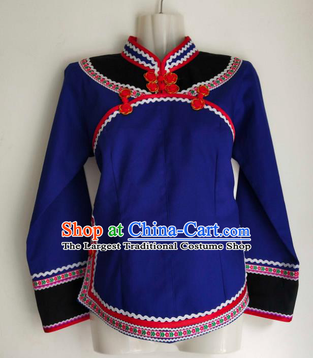 Chinese Guizhou Minority Ethnic Shirt Clothing Bouyei Nationality Blue Blouse Woman Tang Suit Top Garment