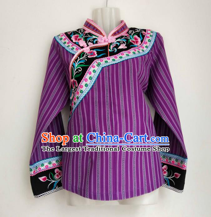 Chinese Woman Tang Suit Top Garment Guizhou Minority Ethnic Shirt Clothing Bouyei Nationality Purple Blouse