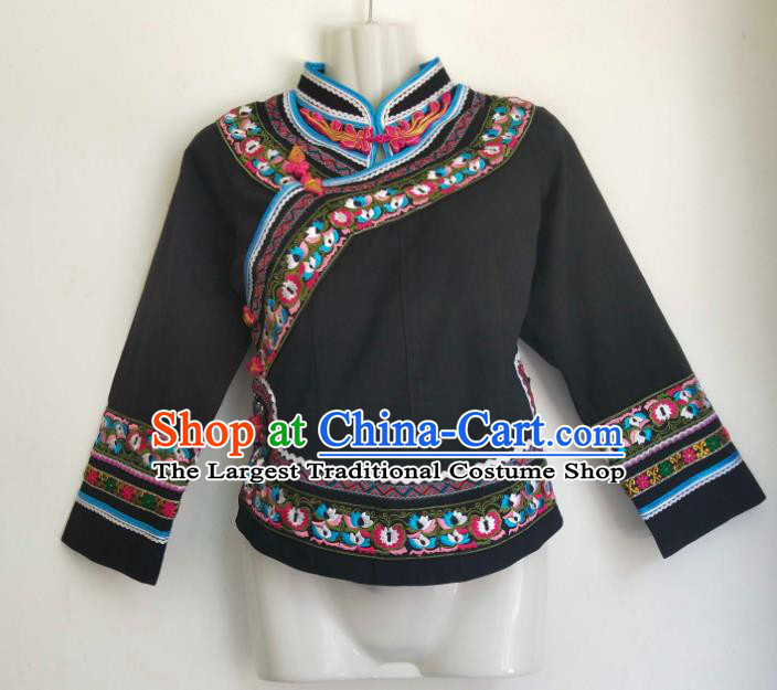 Chinese Guangxi Minority Woman Top Garment Ethnic Folk Dance Embroidered Shirt Clothing Zhuang Nationality Black Blouse