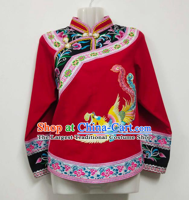 Chinese Bride Embroidered Phoenix Red Top Garment Guizhou Ethnic Clothing Bouyei Nationality Wedding Blouse