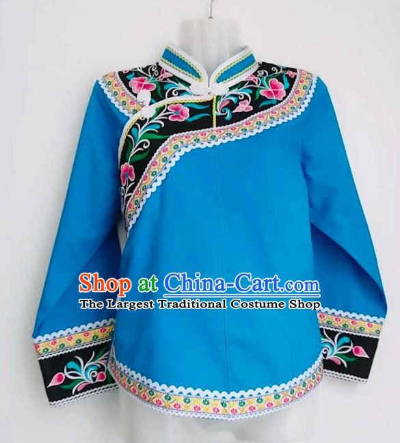 Chinese Ethnic Stage Performance Top Wear Bouyei Nationality Embroidered Blue Blouse Guizhou Minority Garment Clothing