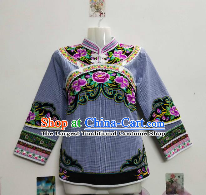 Chinese Bouyei Nationality Female Top Garment Guizhou Ethnic Embroidered Grey Blouse