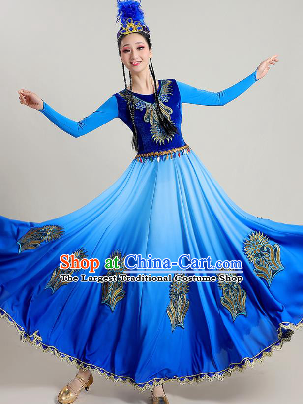 Chinese Traditional Uygur Nationality Deep Blue Suits Xinjiang Dance Dress Ethnic Stage Performance Garments Costume