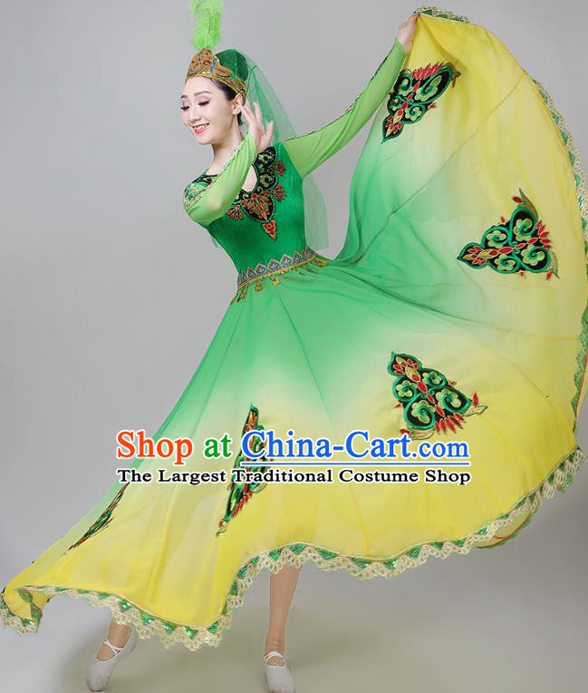 Chinese Ethnic Folk Dance Clothing Traditional Uygur Nationality Garments Xinjiang Dance Green Dress and Headwear