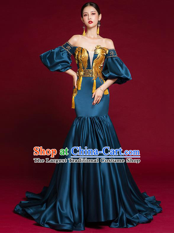 China Compere Navy Trailing Dress Garment Stage Show Embroidered Full Dress Catwalks Fashion Clothing