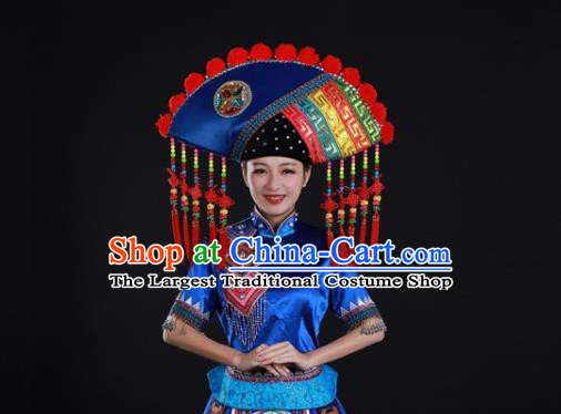 Chinese Guangxi Minority Blue Dress Ethnic Festival Garment Clothing Traditional Zhuang Nationality Folk Dance Suits and Headwear