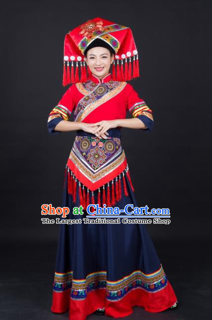 Chinese Guangxi Minority Bride Dress Traditional Ethnic Dance Performance Clothing Zhuang Nationality Garments and Headwear