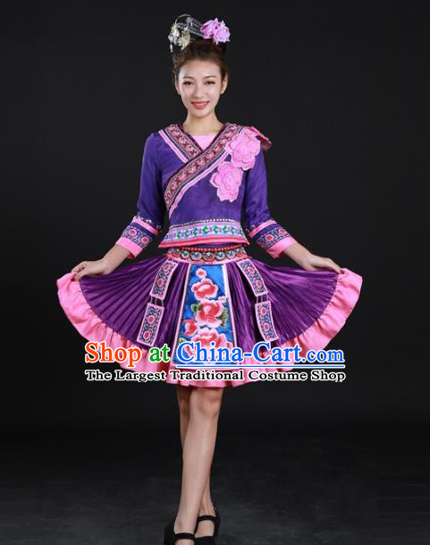 Chinese Traditional Miao Nationality Dance Purple Suits Xiangxi Minority Dress Ethnic Performance Garment Clothing and Headpieces