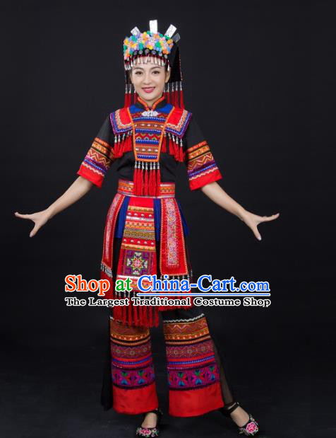 Chinese Ethnic Folk Dance Clothing Traditional Yao Nationality Female Garments Xiangxi Minority Black Suits and Headwear