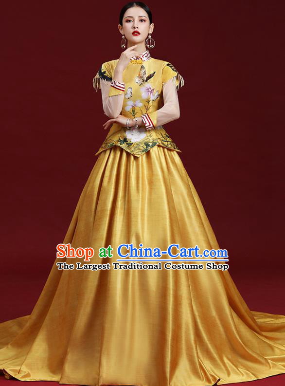 China Printing Cheongsam Clothing Compere Yellow Trailing Dress Garment Stage Show Full Dress Catwalks Fashion