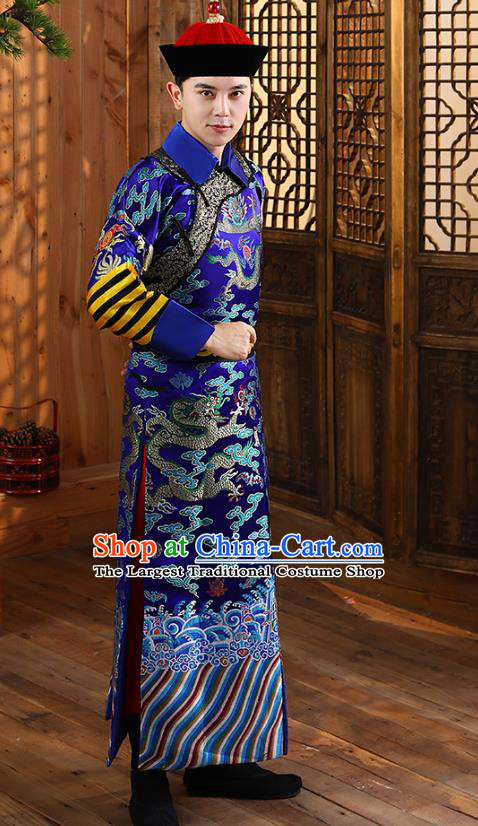 China Ancient Qing Dynasty Court Eunuch Robe Garment Historical Clothing and Hat Complete Set