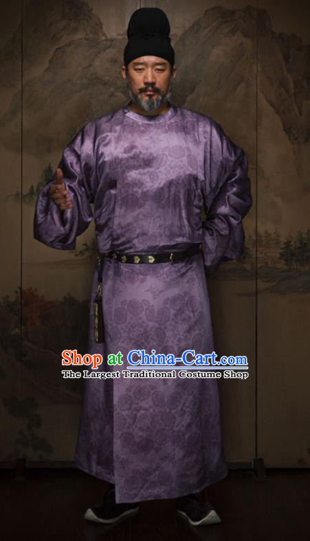 China Tang Dynasty Swordsman Historical Garment Costume Ancient Elderly Man Purple Hanfu Robe and Hat