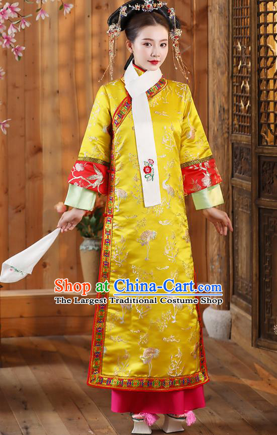 Ancient China Qing Dynasty Court Empress Historical Clothing Yellow Dress Garments and Handmade Headpieces