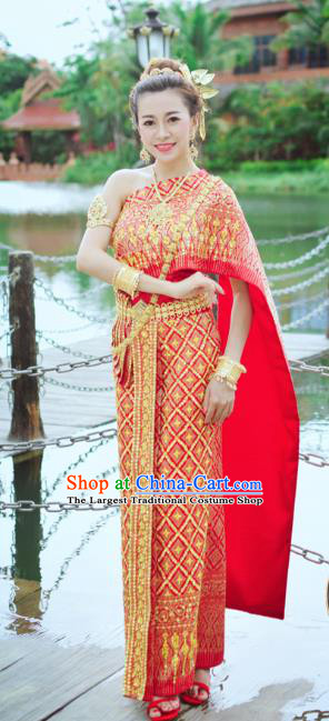 Asian Thai Court Woman Dress Clothing Traditional Thailand Embroidery Blouse and Red Skirt Wedding Uniforms