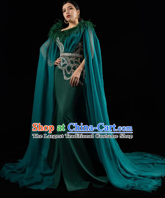 Top Grade Annual Meeting Deep Green Full Dress Catwalks Compere Trailing Dress Stage Show Clothing with Cape