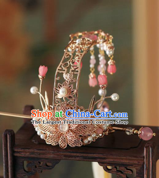 China Traditional Ming Dynasty Wedding Headwear Ancient Princess Golden Peony Hair Crown and Hairpin