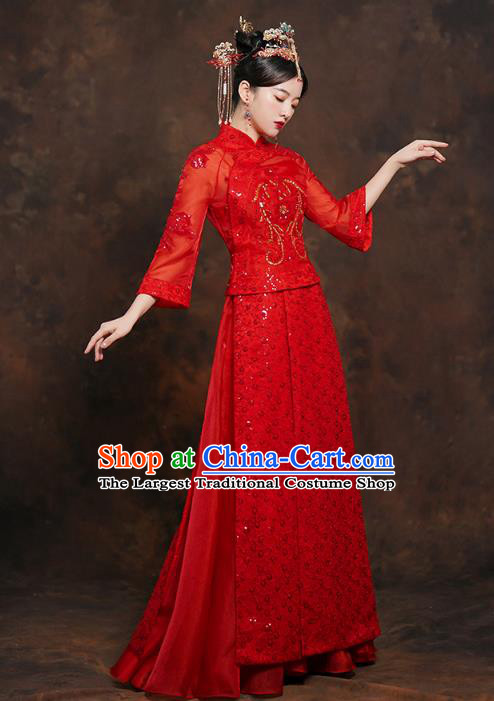 China Classical Bride Red Blouse and Dress Traditional Embroidered Wedding Costumes