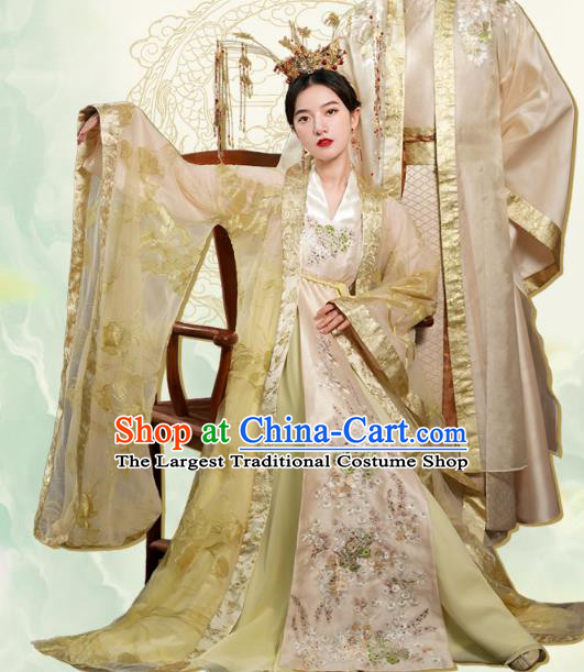 China Traditional Tang Dynasty Empress Wedding Costumes Ancient Queen Golden Hanfu Dress