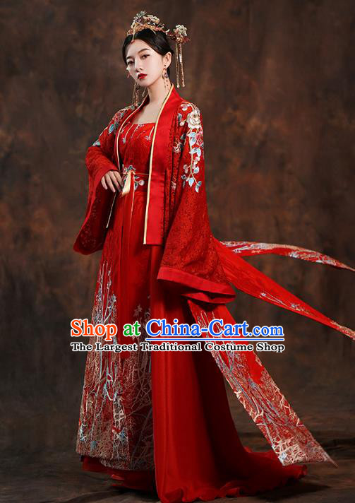 China Traditional Tang Dynasty Empress Wedding Costumes Ancient Bride Embroidered Red Hanfu Dress