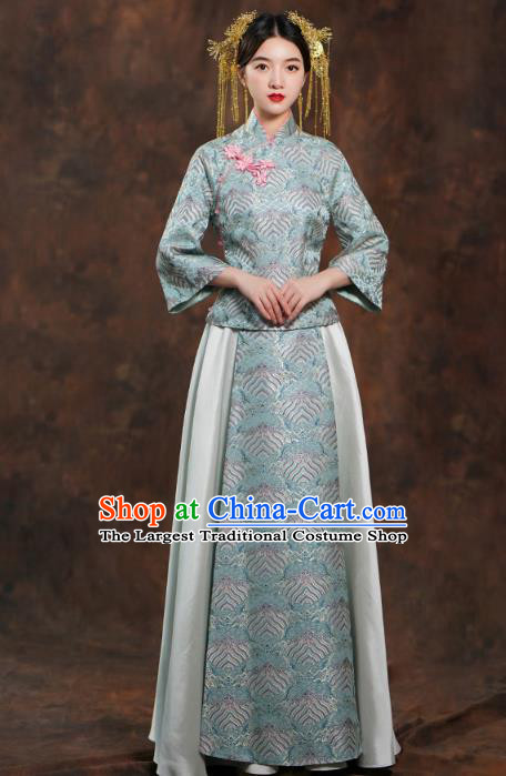 China Traditional Wedding Blue Xiuhe Suits Bride Costumes Toast Dress